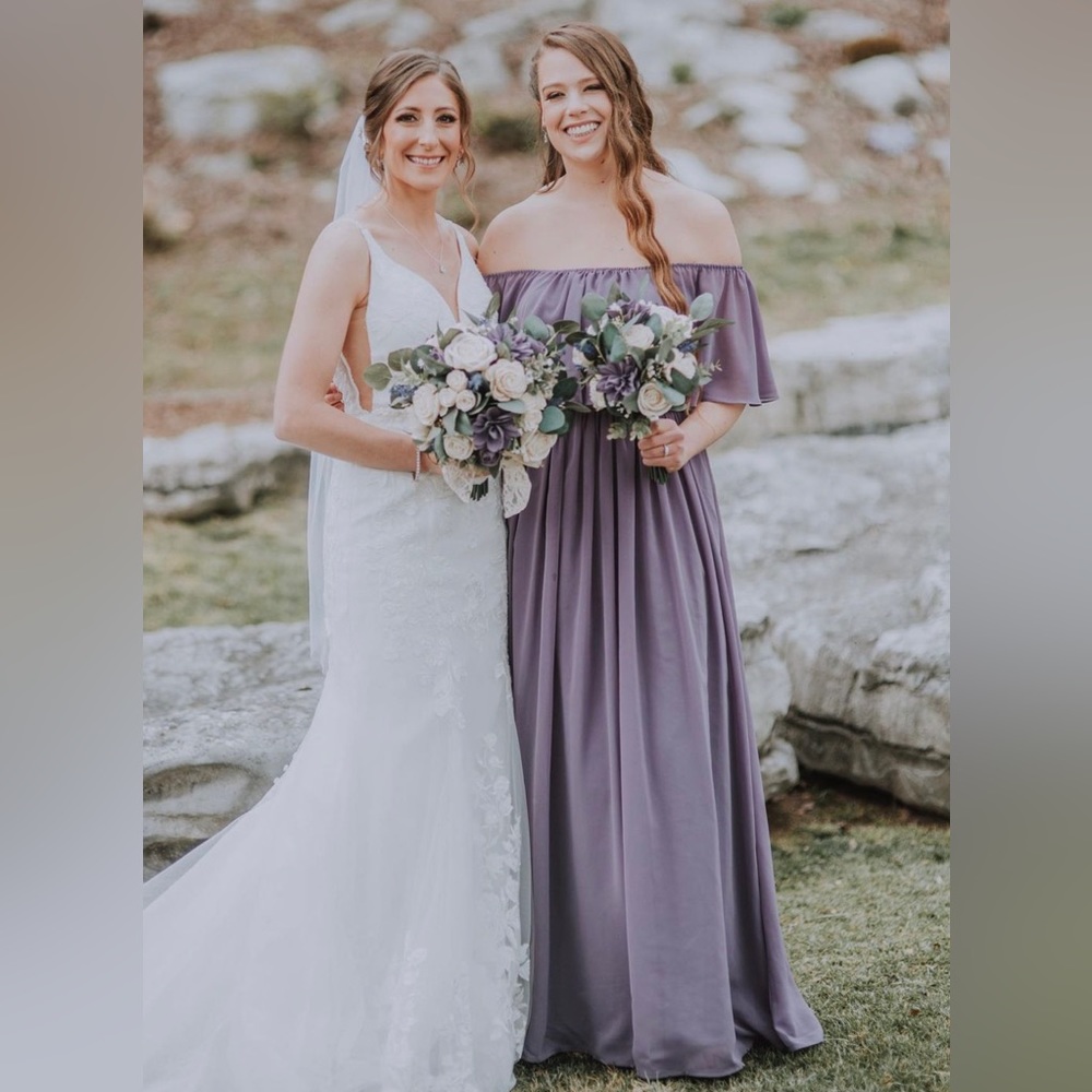 Off the shoulder bridesmaid dress from Reverly. Beautiful deep purple color.